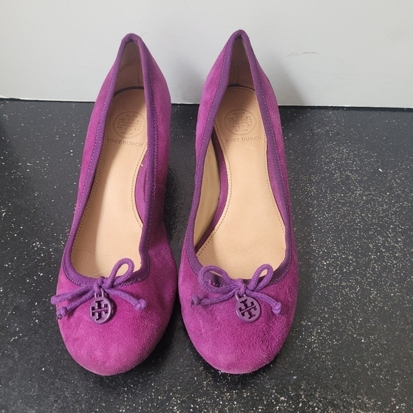 Tory Burch Plum Suede Wedge Heels - Picture 1 of 8